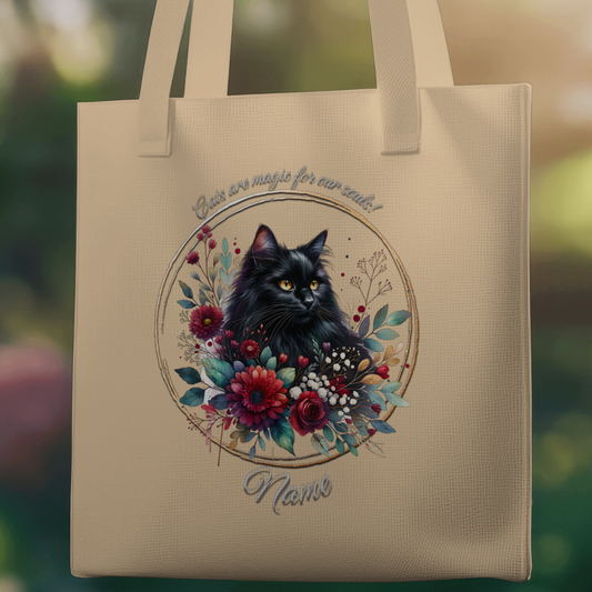 Personalized Longhaired Black Cat with Burgundy Flowers Eco Tote Bag