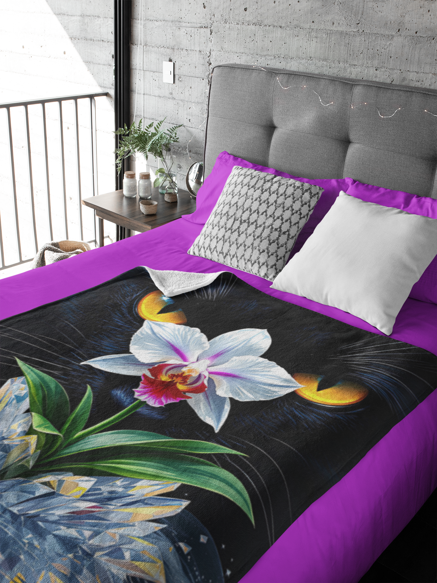 Personalized Black Cat with Orchid Throw Blanket — Custom Name Gift
