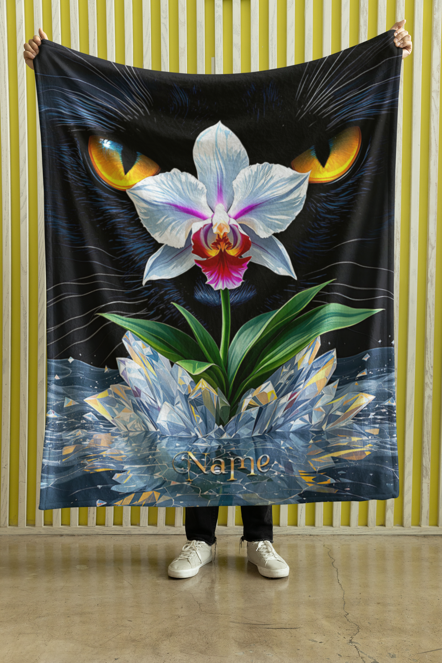 Personalized Black Cat with Orchid Throw Blanket — Custom Name Gift