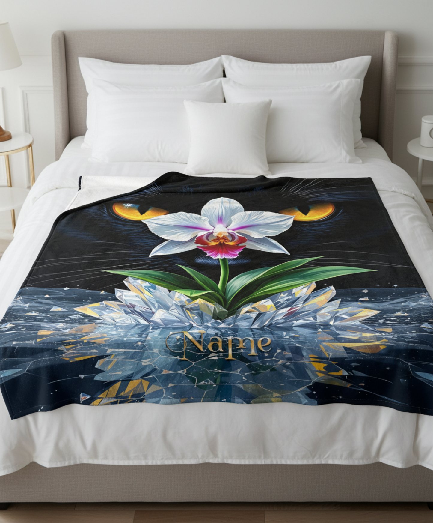 Personalized Black Cat with Orchid Throw Blanket — Custom Name Gift