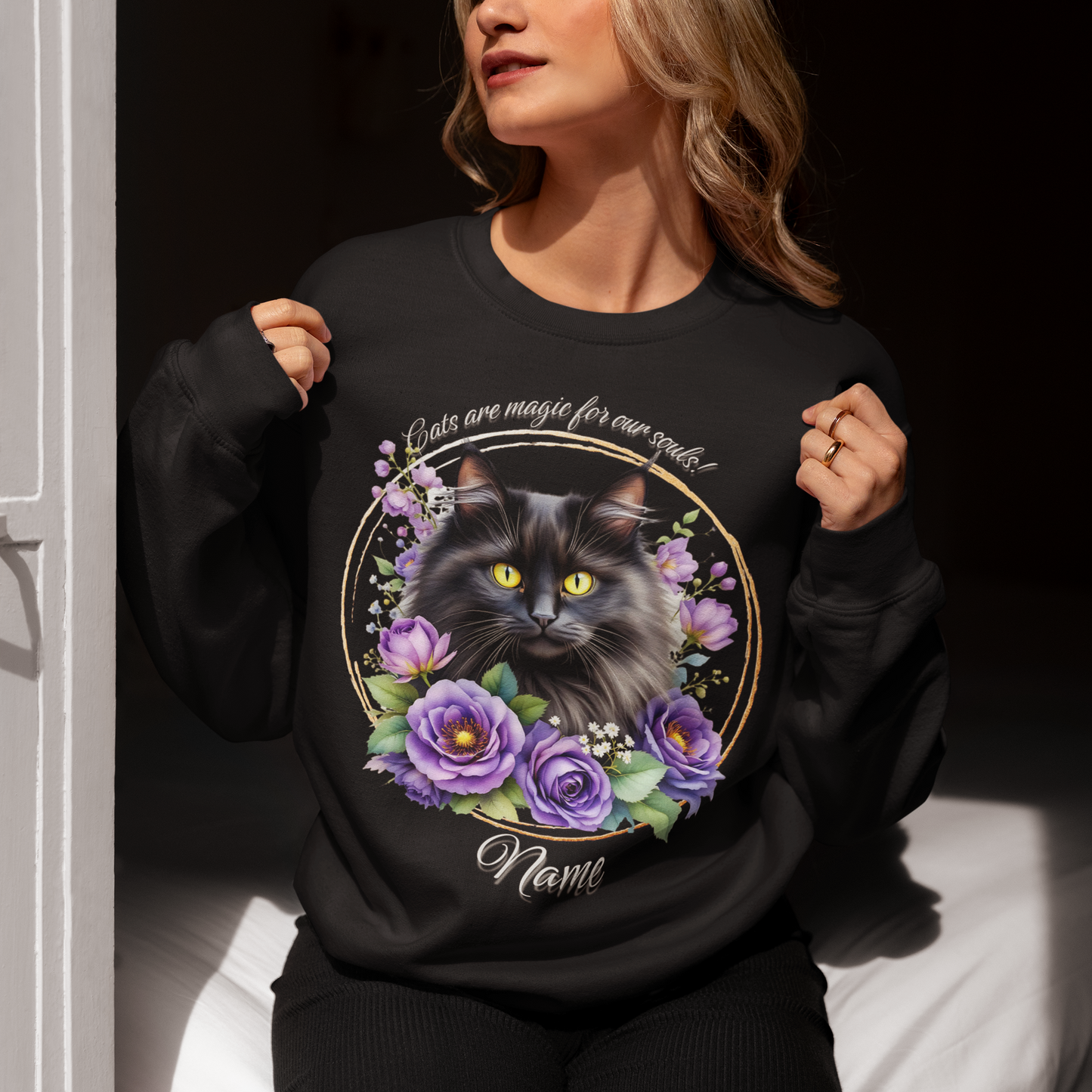 Black Cat with Purple Roses Personalized Sweatshirt