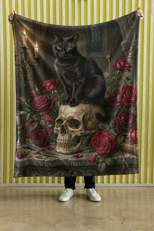 Personalized Gothic Black Cat on Skull with Red Roses Throw Blanket — Custom Name Gift