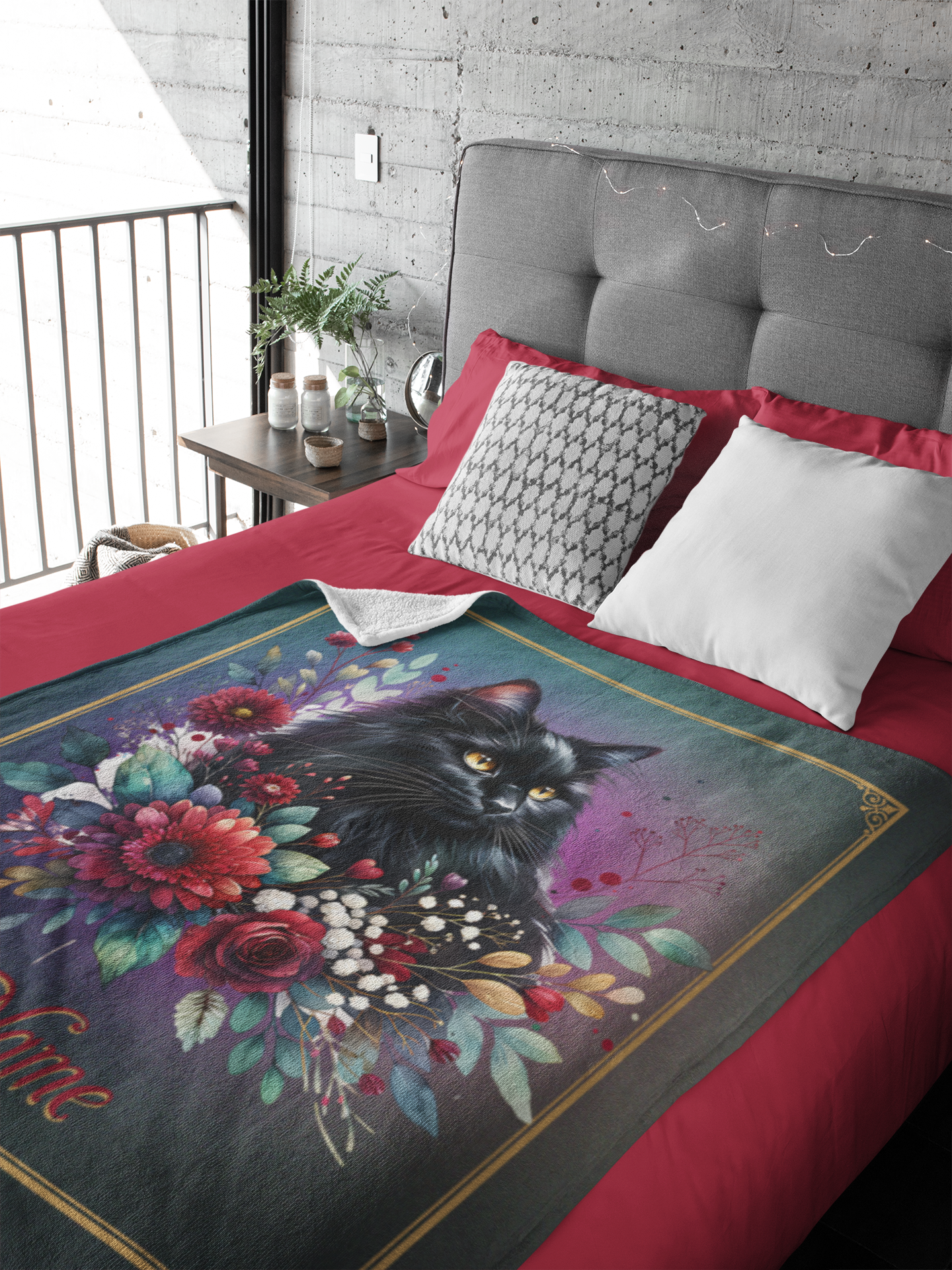 Personalized Fluffy Black Cat with Burgundy Dahlias and Roses Throw Blanket — Custom Name Gift