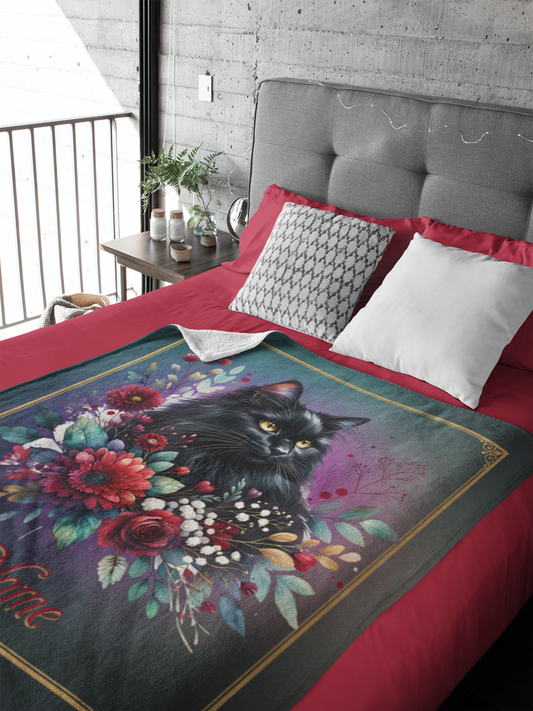 Personalized Fluffy Black Cat with Burgundy Dahlias and Roses Throw Blanket — Custom Name Gift
