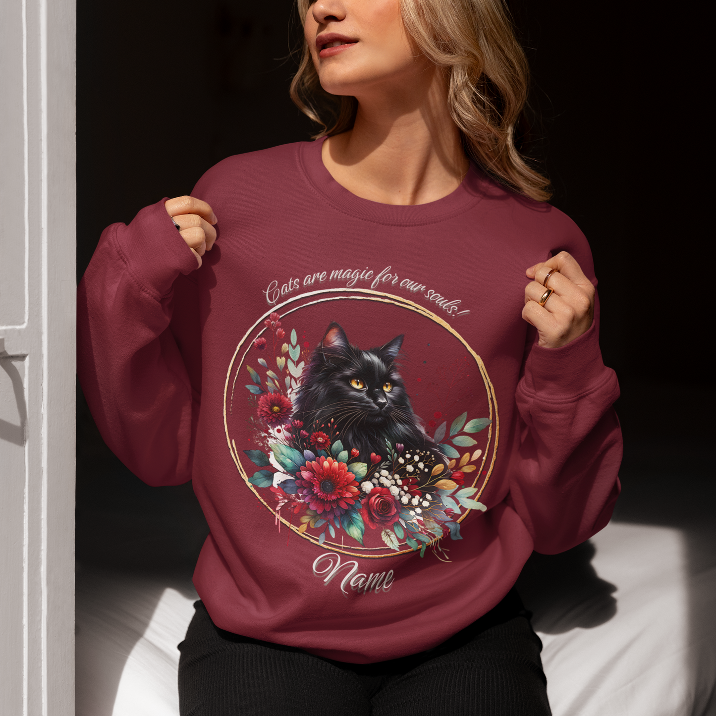 Black Cat with Burgundy Flowers Personalized Sweatshirt
