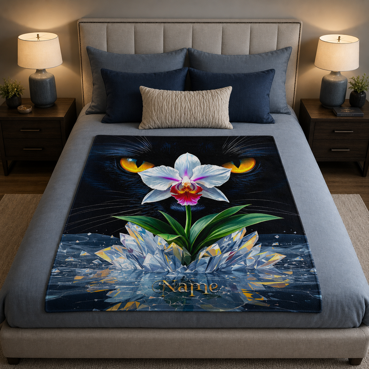 Personalized Black Cat with Orchid & Crystals Throw Blanket