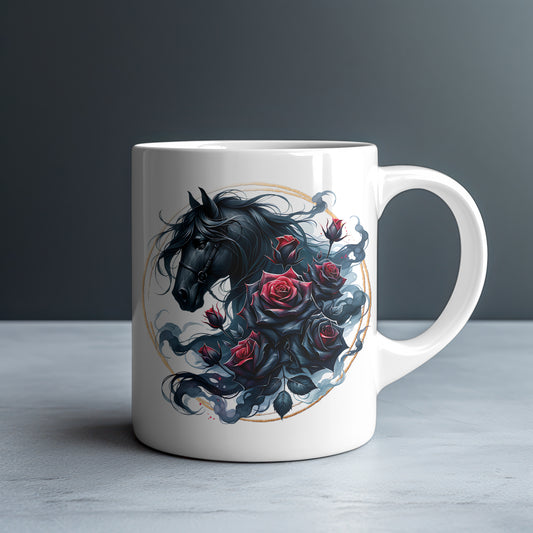 Black Horse Dark Red Roses Personalized White Glossy Mug