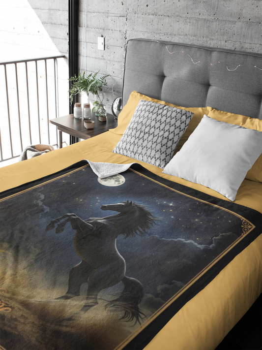 Personalized Black Horse Rearing Moonlit Sky Throw Blanket - 50"x60" Custom Name Blanket
