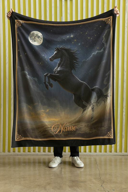 Personalized Black Horse Rearing Moonlit Sky Throw Blanket - 50"x60" Custom Name Blanket