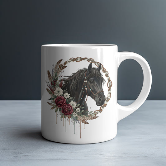 Black Horse in Rope Wreath Personalized White Glossy Mug