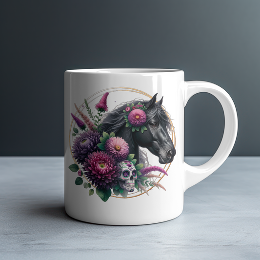 Black Horse & Sugar Skull Personalized White Glossy Mug