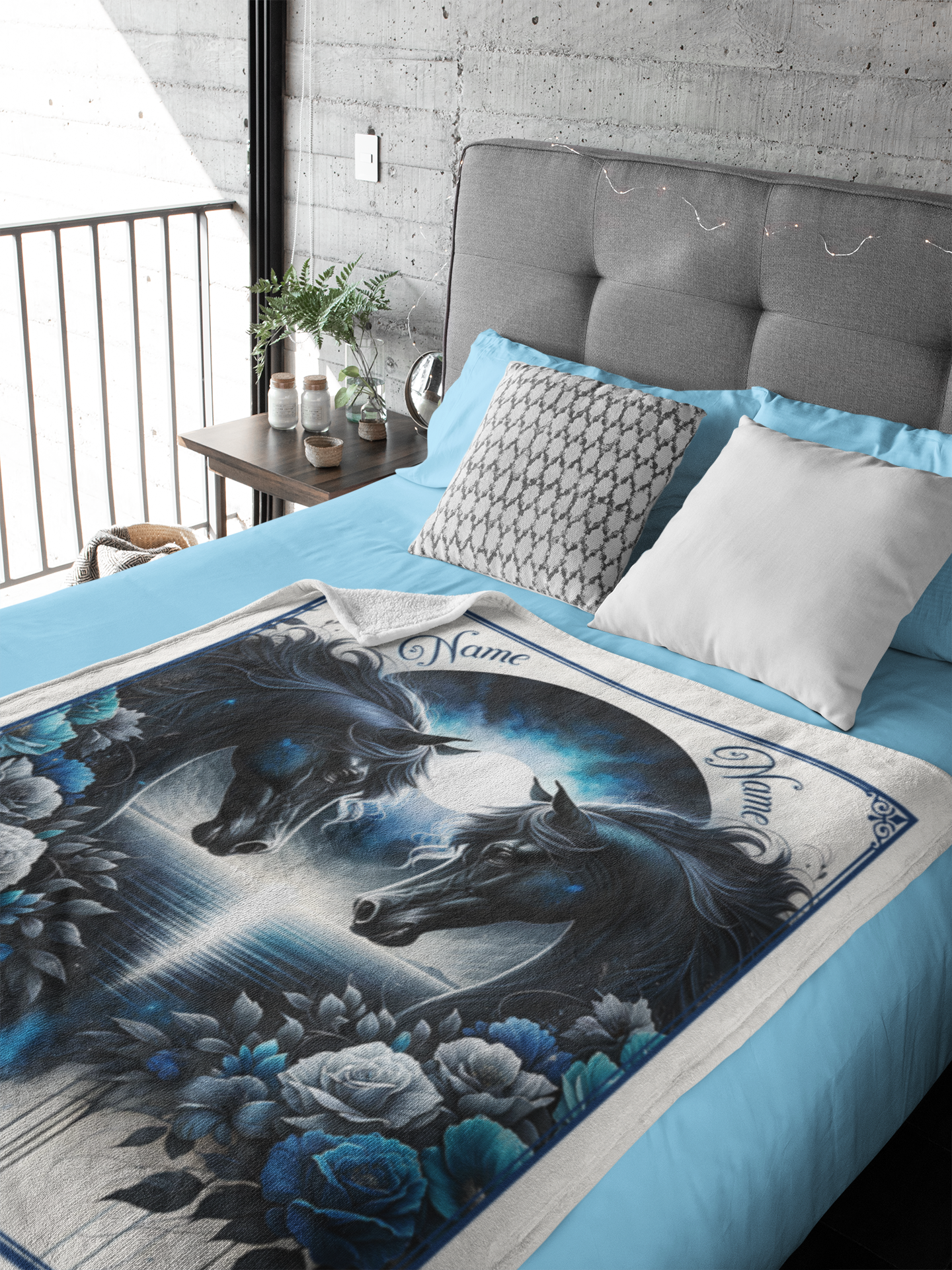 Personalized Black Horses Blue Roses Full Moon Couples Throw Blanket - 50"x60" Custom Name Blanket