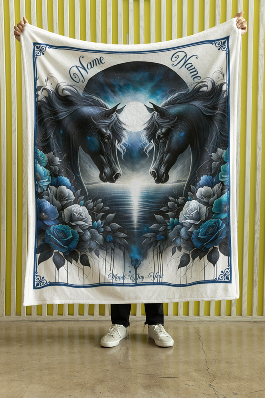 Personalized Black Horses Blue Roses Full Moon Couples Throw Blanket - 50"x60" Custom Name Blanket