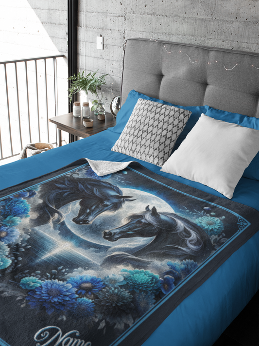 Personalized Black Horses Full Moon Blue Flowers Couples Throw Blanket - 50"x60" Custom Name Blanket