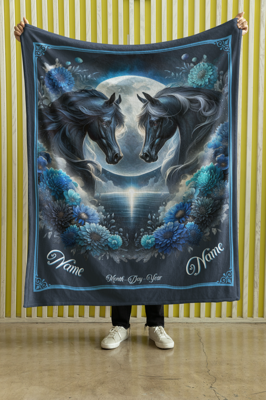 Personalized Black Horses Full Moon Blue Flowers Couples Throw Blanket - 50"x60" Custom Name Blanket