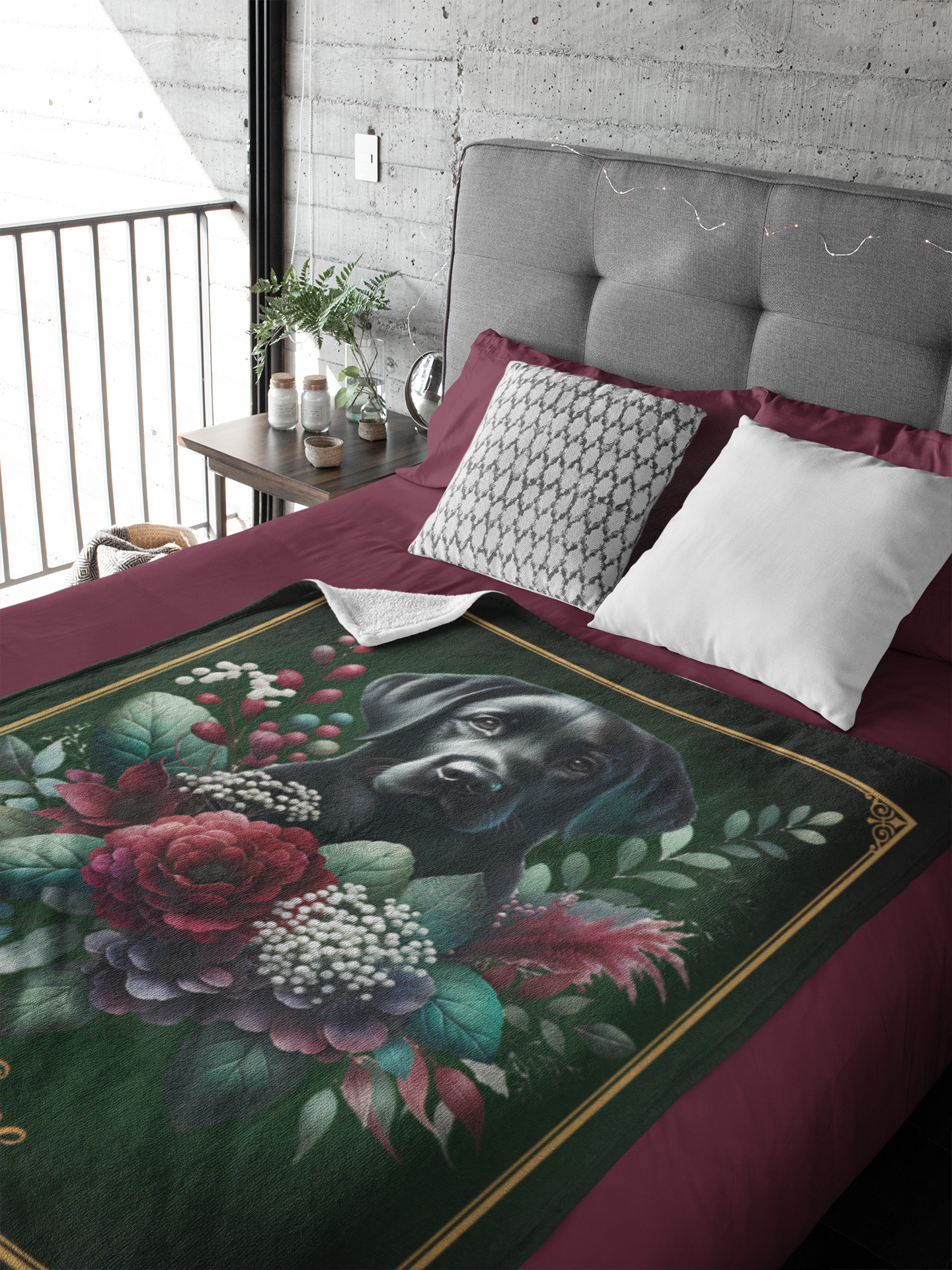 Personalized Black Labrador Retriever with Burgundy Florals Throw Blanket — Custom Name Gift