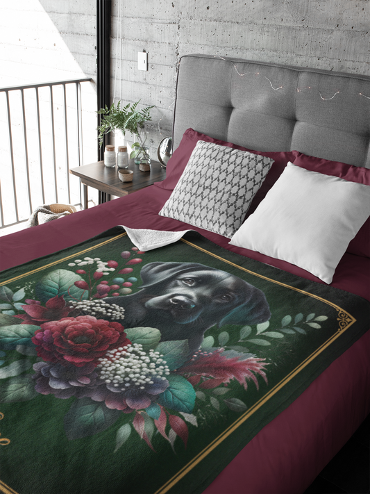 Personalized Black Labrador Retriever with Burgundy Florals Throw Blanket — Custom Name Gift
