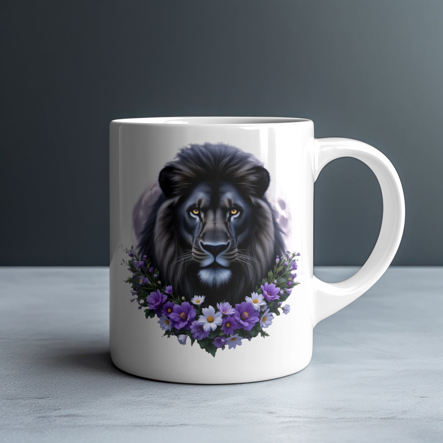 Personalized Black Lion in Full Moon with Purple Cosmos and Daisies Mug — Custom Name Gift