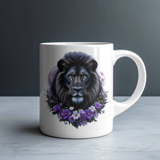 Personalized Black Lion in Full Moon with Purple Cosmos and Daisies Mug — Custom Name Gift