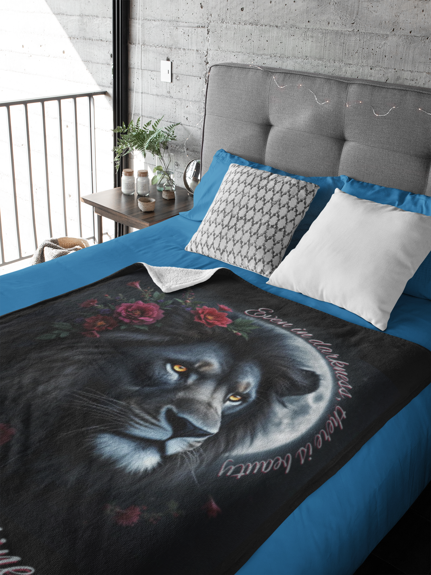 Personalized Black Lion in Moonlight with Burgundy Roses Throw Blanket — Custom Name Gift