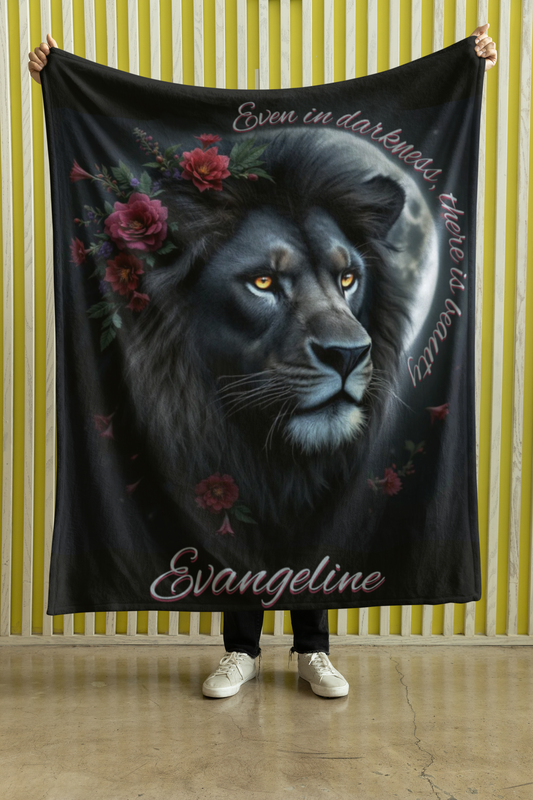 Personalized Black Lion in Moonlight with Burgundy Roses Throw Blanket — Custom Name Gift