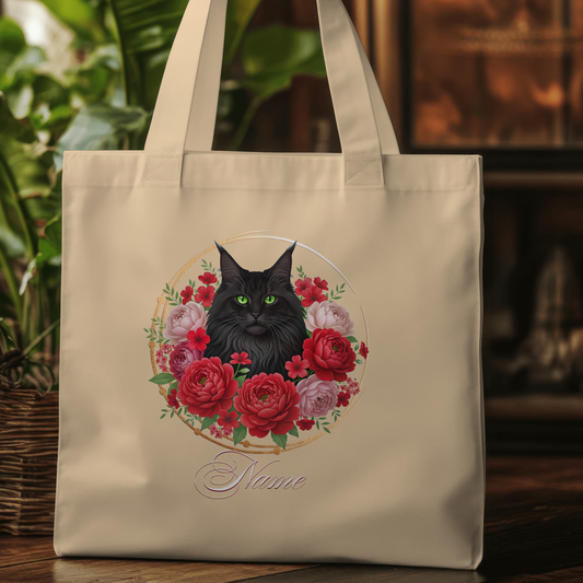Personalized Black Maine Coon with Red Peonies Eco Tote Bag