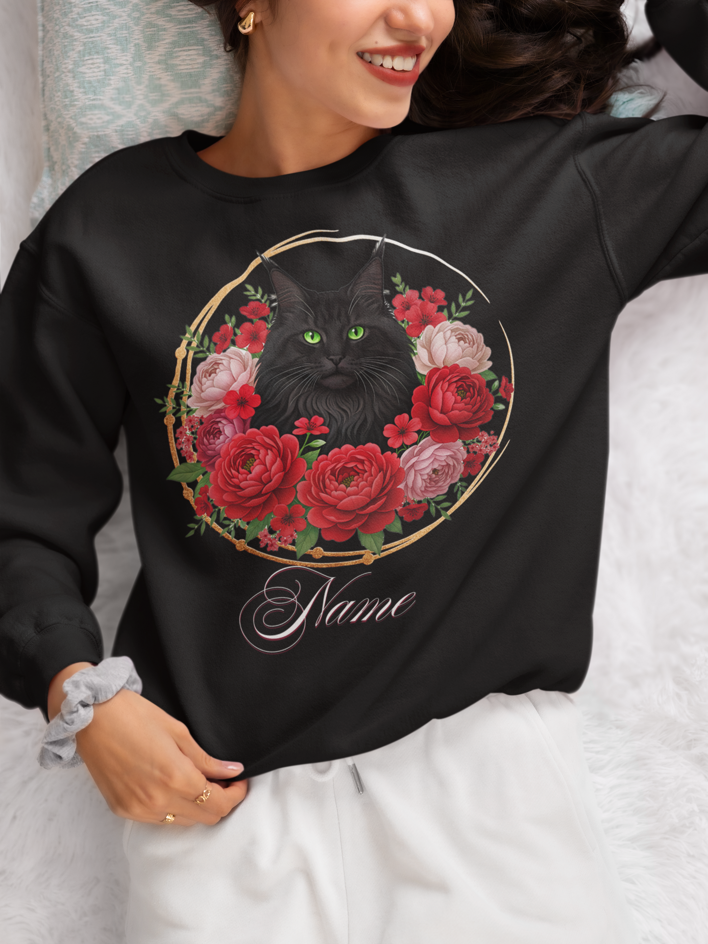 Personalized Black Maine Coon with Red and Pink Peonies Sweatshirt — Custom Name Gift