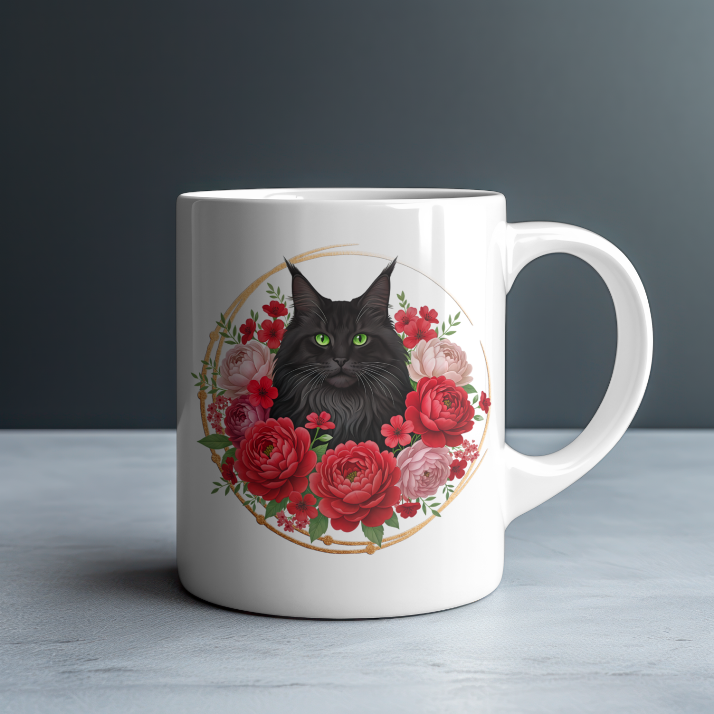Personalized Black Maine Coon with Red and Pink Peonies Mug — Custom Name Gift