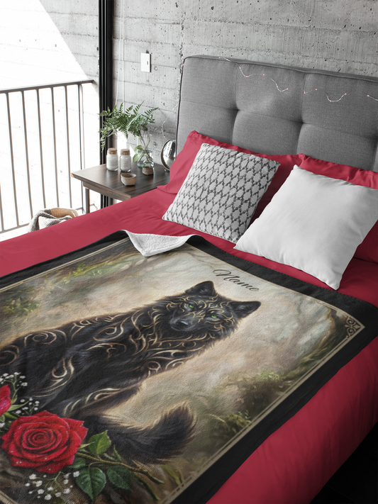 Personalized Fantasy Black Wolf Summer Forest Throw Blanket