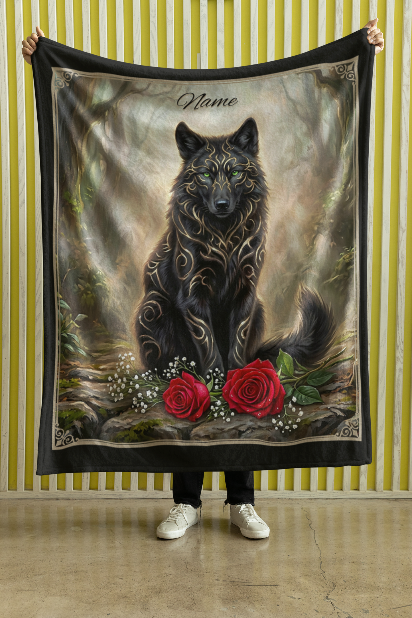 Personalized Fantasy Black Wolf Summer Forest Throw Blanket