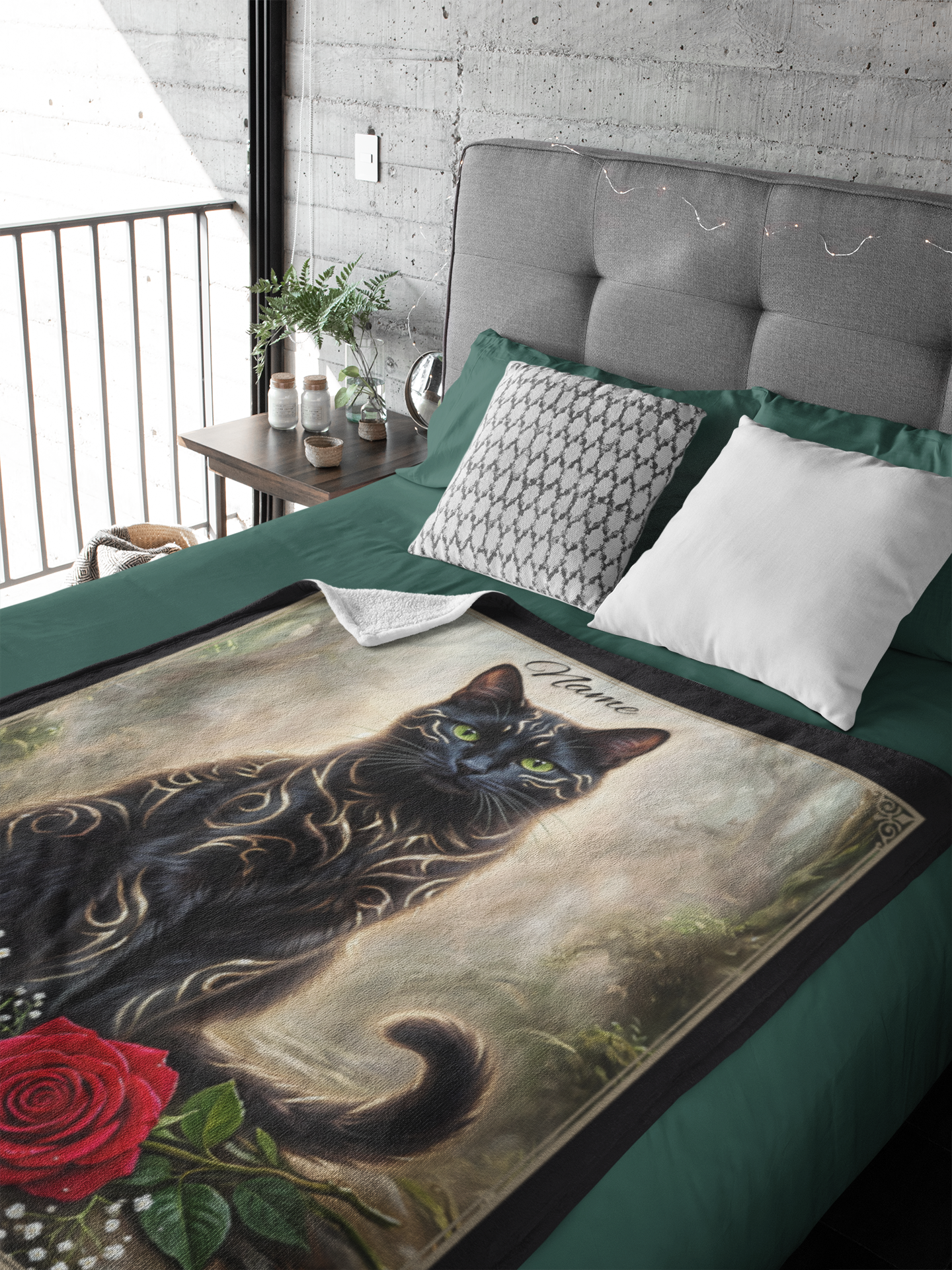 Personalized Fantasy Black Cat with Gold Markings in Summer Forest Throw Blanket — Custom Name Gift