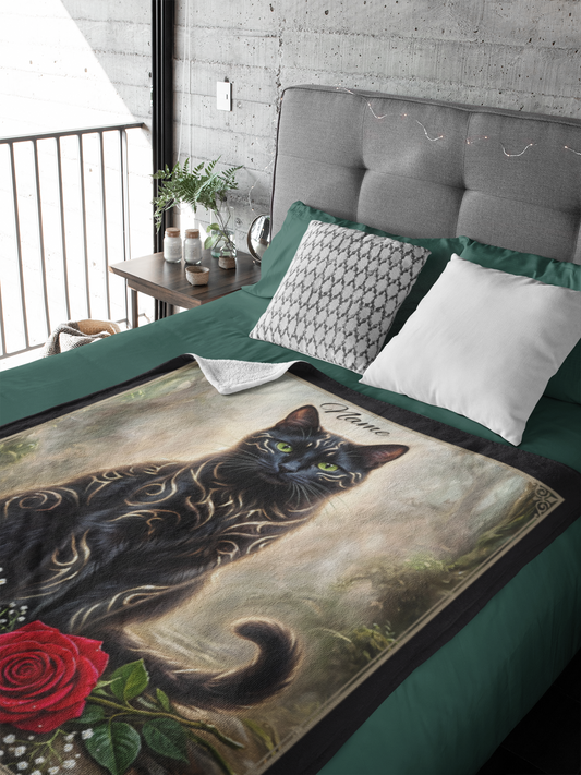 Personalized Fantasy Black Cat with Gold Markings in Summer Forest Throw Blanket — Custom Name Gift