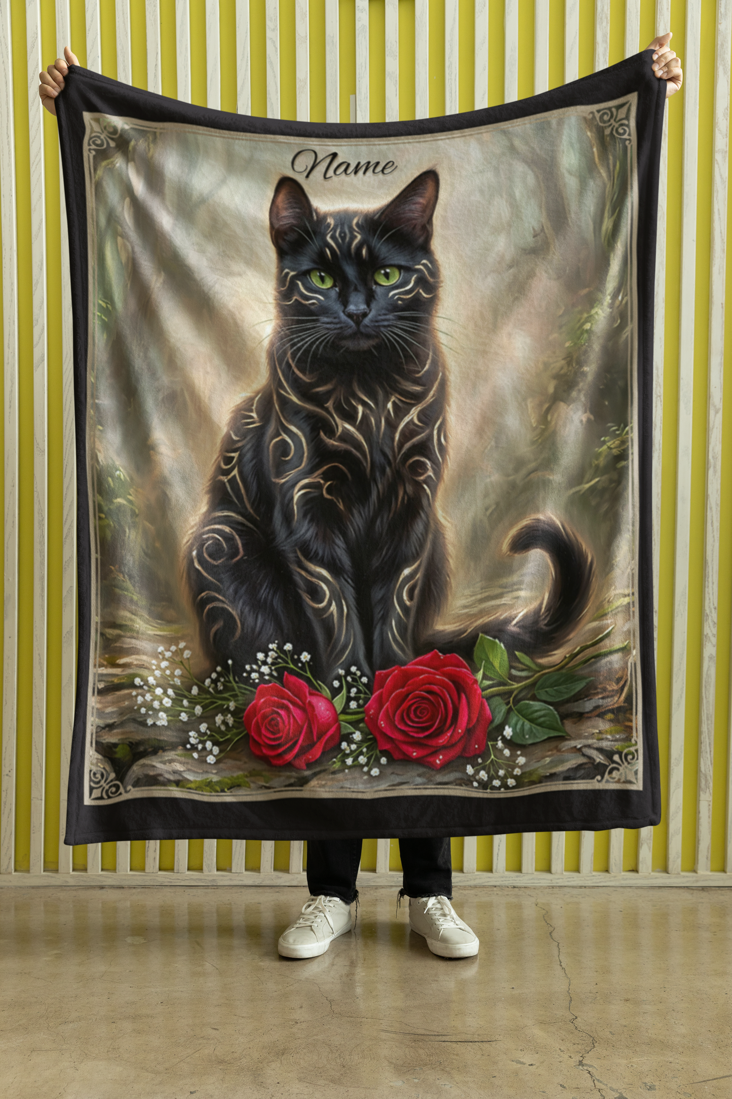 Personalized Fantasy Black Cat with Gold Markings in Summer Forest Throw Blanket — Custom Name Gift