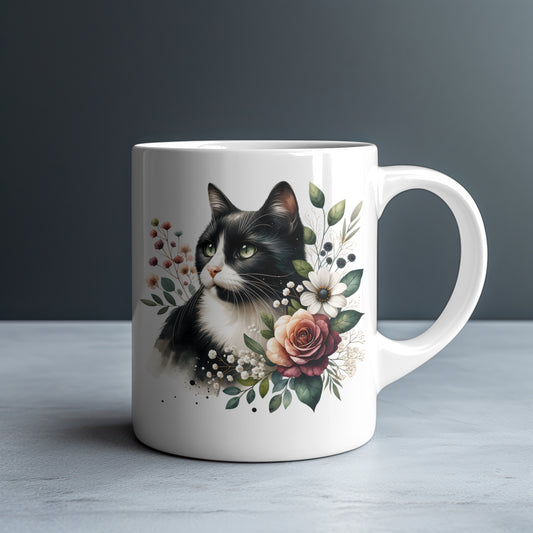 Personalized Tuxedo Cat with Pink and Burgundy Roses Mug — Custom Name Gift