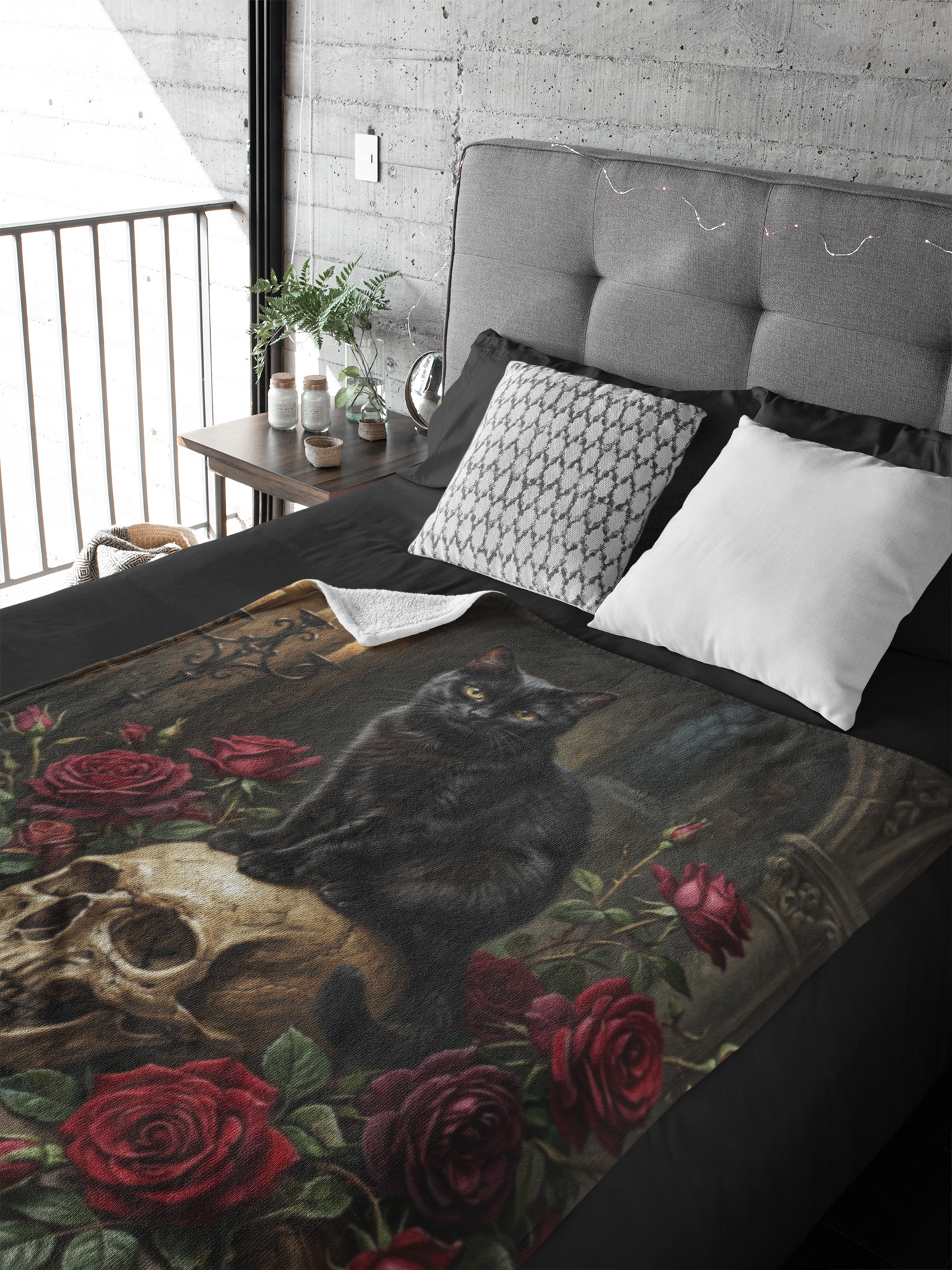 Personalized Gothic Black Cat on Skull with Red Roses Throw Blanket — Custom Name Gift