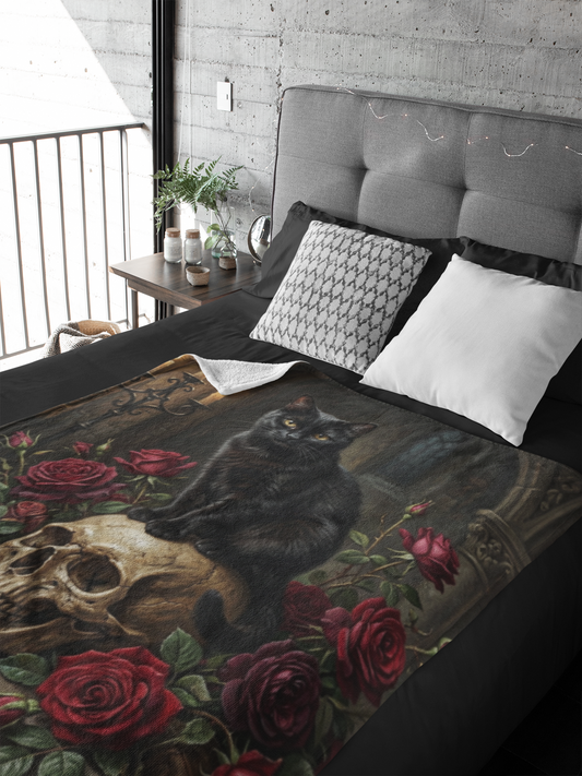 Personalized Gothic Black Cat on Skull with Red Roses Throw Blanket — Custom Name Gift