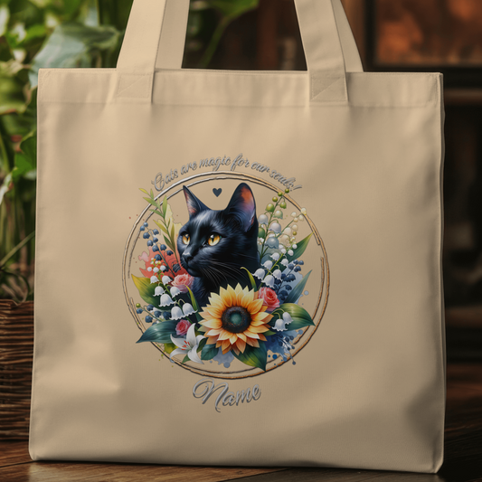 Personalized Shorthaired Black Cat with Sunflower Eco Tote Bag