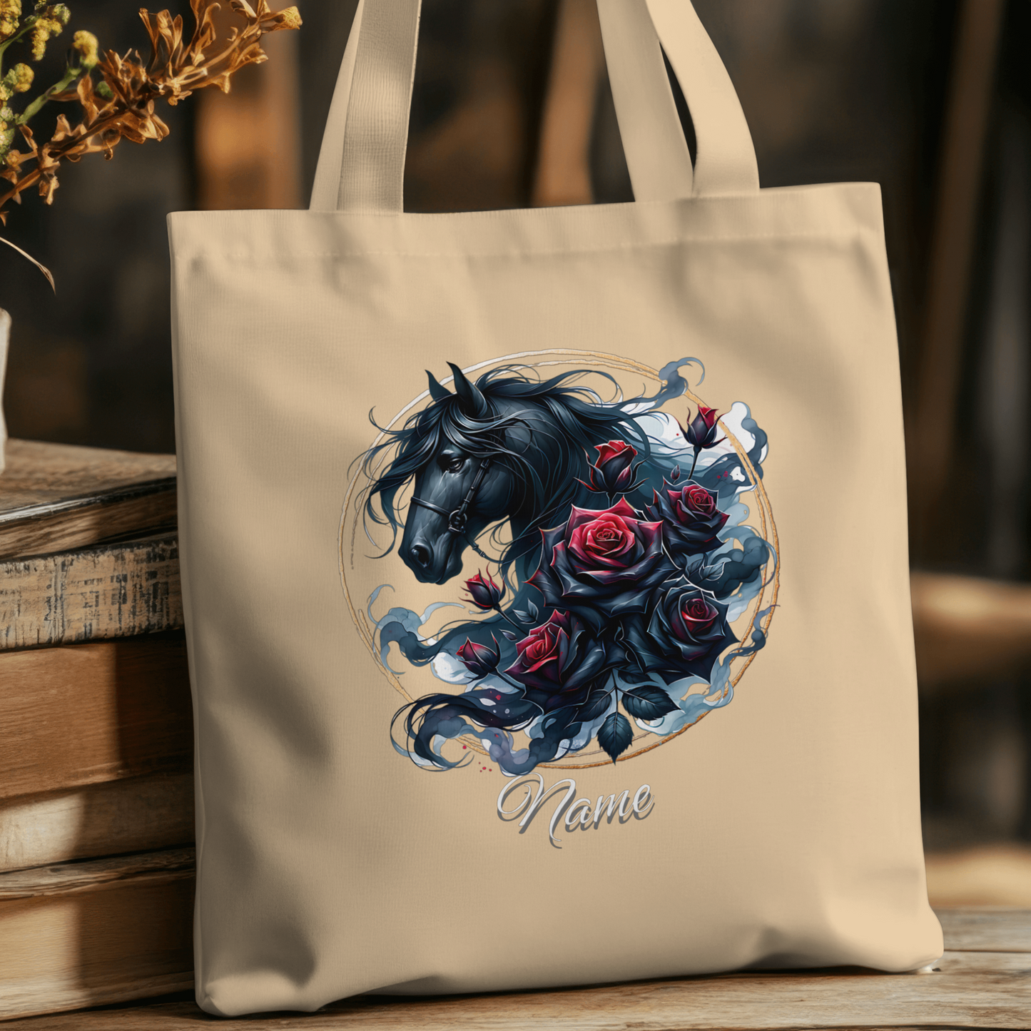 Personalized Black Horse Black Roses Eco Tote Bag