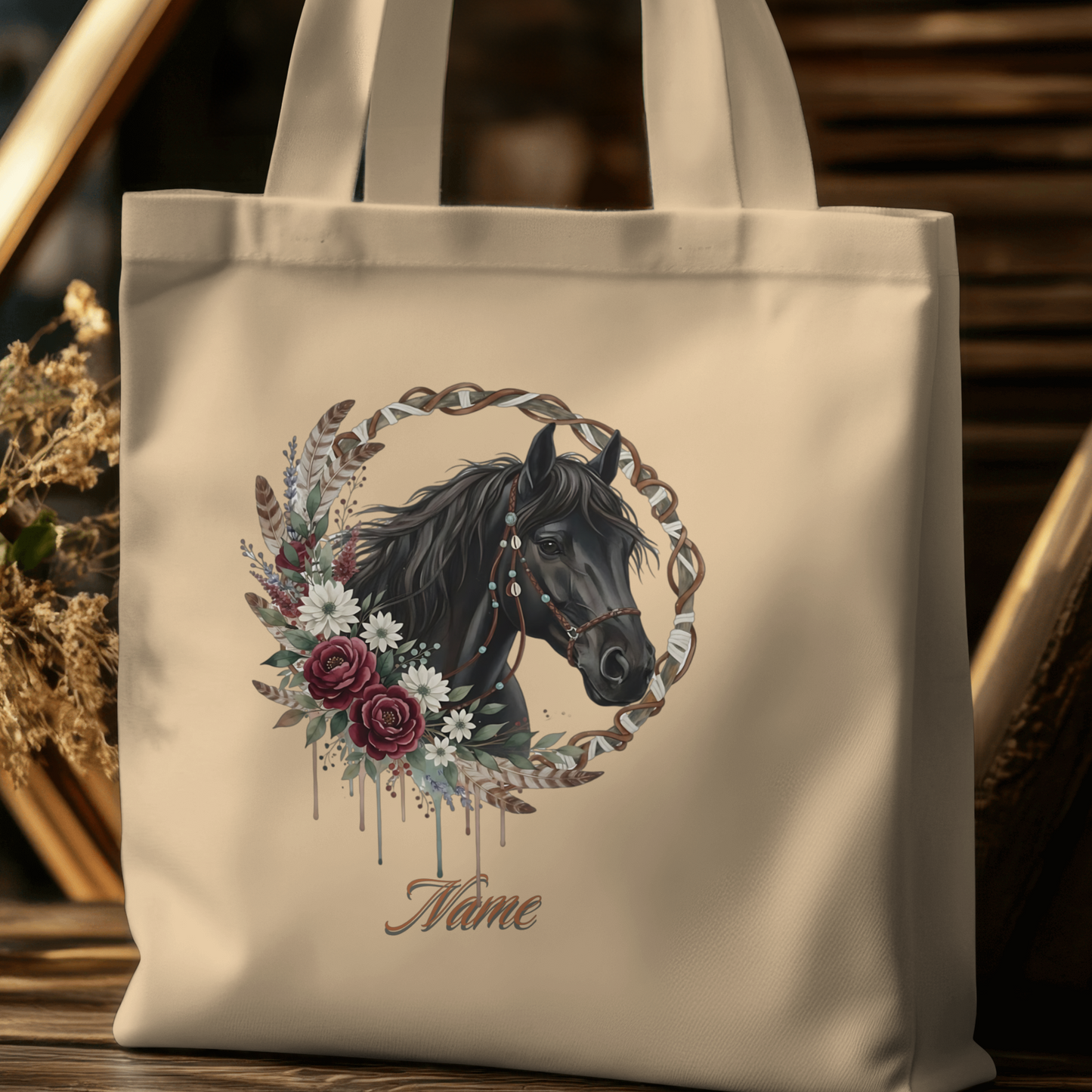 Personalized Black Horse in Rope Wreath Eco Tote Bag