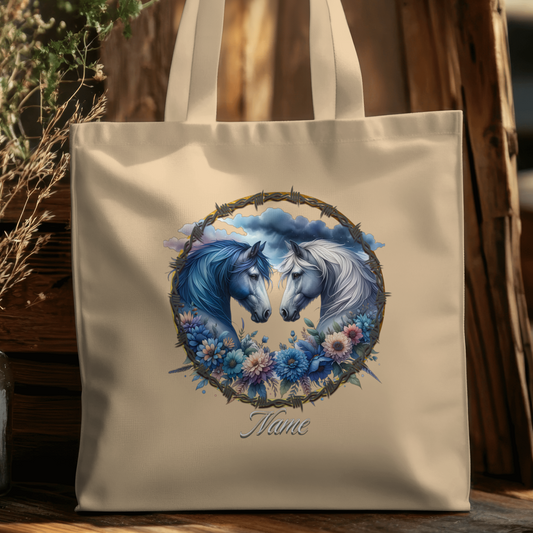 Personalized Blue Black & Grey White Horses Eco Tote Bag