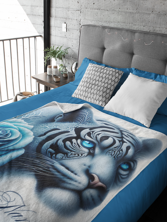 Personalized Panther with Frost Blue Rose and Ice Tendrils Throw Blanket — Custom Name Gift
