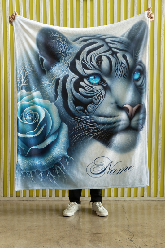 Personalized Panther with Frost Blue Rose and Ice Tendrils Throw Blanket — Custom Name Gift