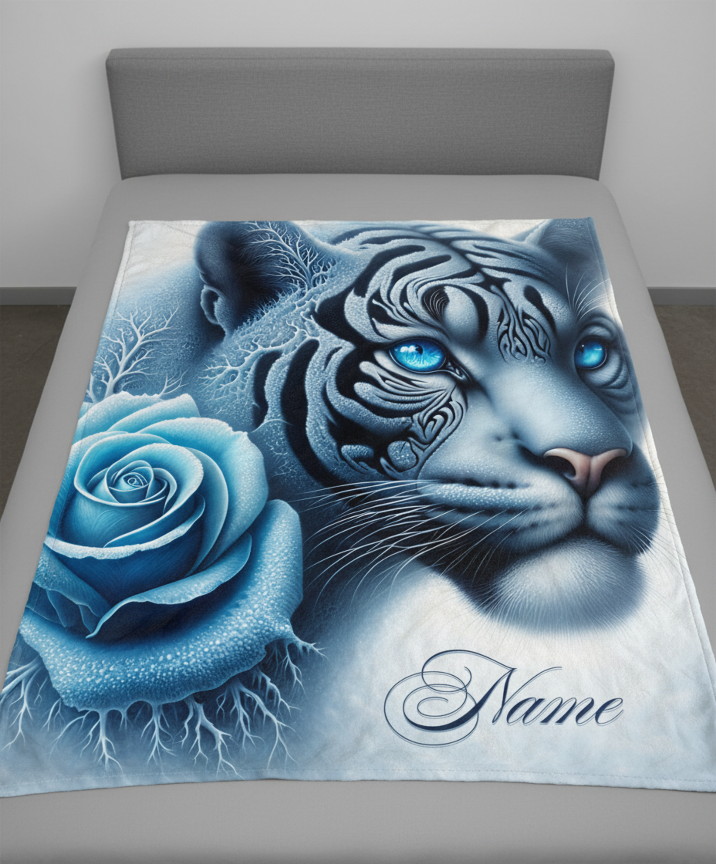 Personalized Panther with Frost Blue Rose and Ice Tendrils Throw Blanket — Custom Name Gift