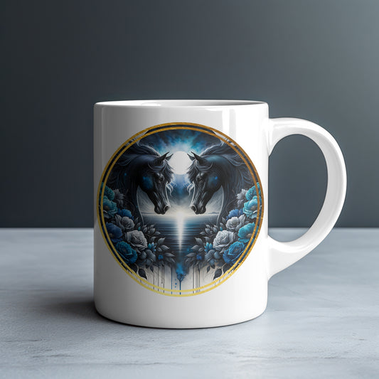 Black Horses Blue Roses Personalized White Glossy Mug