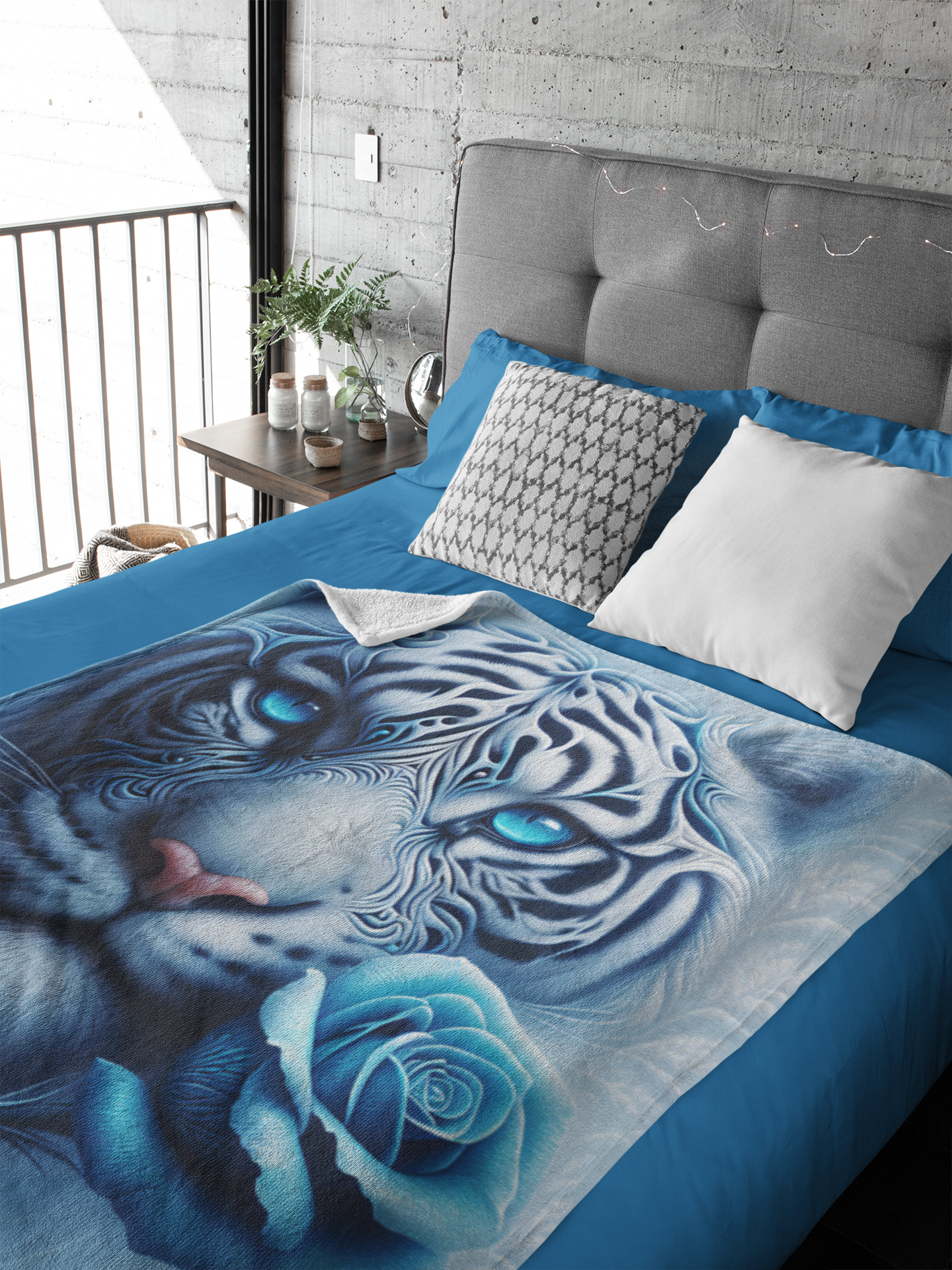Personalized Blue-Eyed White Tiger with Ice Blue Rose Throw Blanket — Custom Name Gift