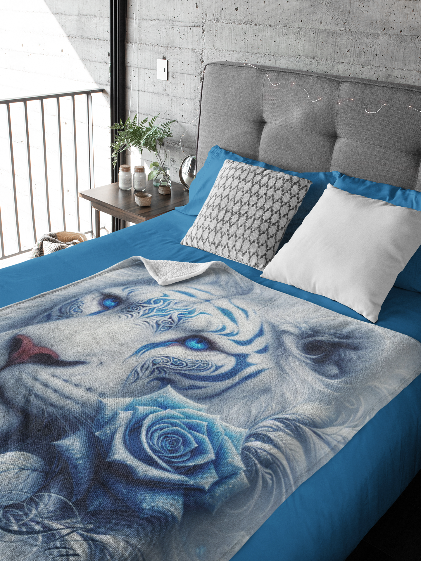 Personalized White Lion with Blue Rose and Tribal Markings Throw Blanket — Custom Name Gift
