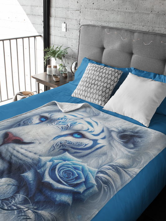 Personalized White Lion with Blue Rose and Tribal Markings Throw Blanket — Custom Name Gift