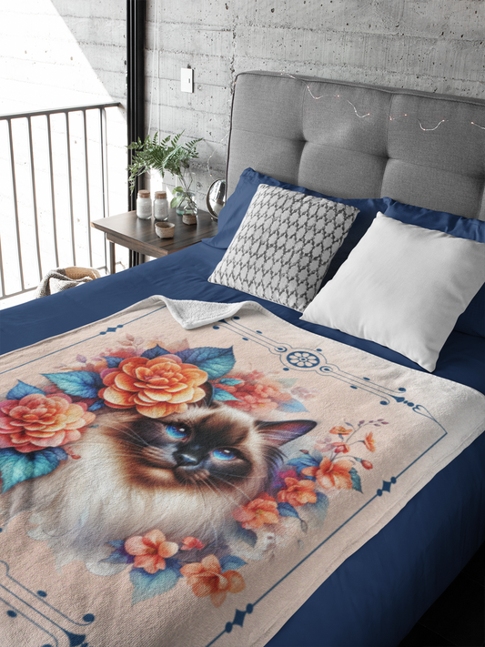 Personalized Blue-Eyed Ragdoll Cat with Orange Begonias Throw Blanket — Custom Name Gift