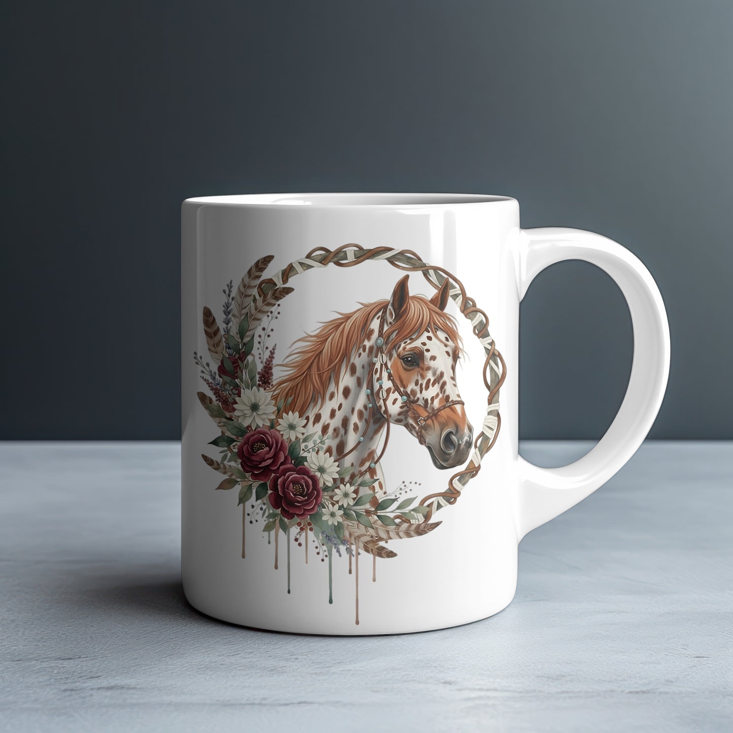 Brown Spotted Appaloosa in Rope Wreath Personalized White Glossy Mug