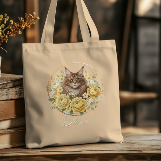 Personalized Brown Maine Coon with Yellow Peonies Eco Tote Bag